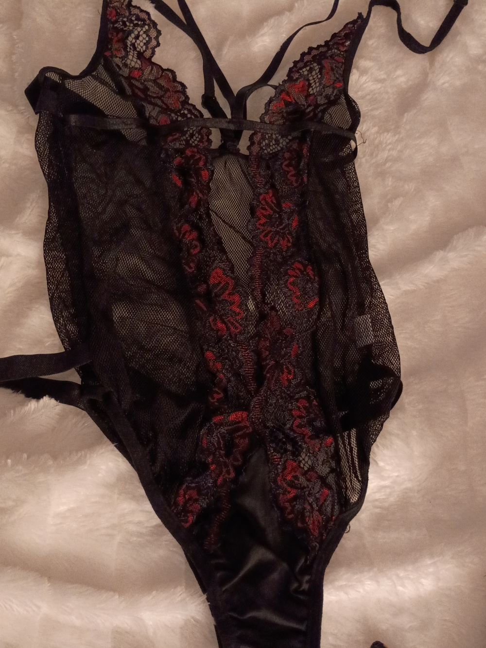Black Sheer Lace Bodysuit with Red Floral Embroidery